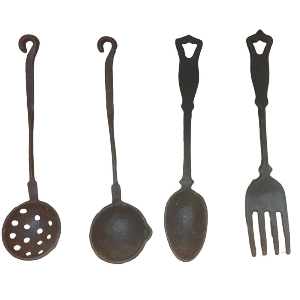 VTG 4 Pc Set WROUGHT IRON KITCHEN UTENSIL Spoon Ladle Fork Primitive Decor